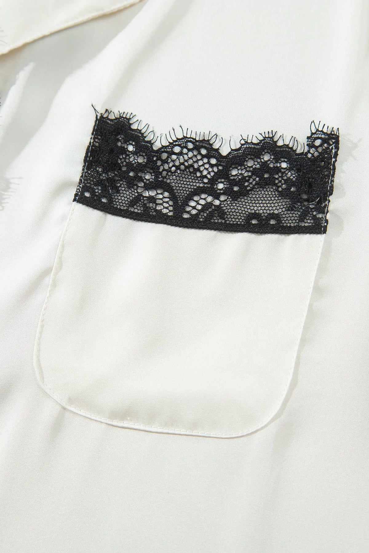 White Long Sleeve Lace Trim Button Front 2pcs Pajama Set