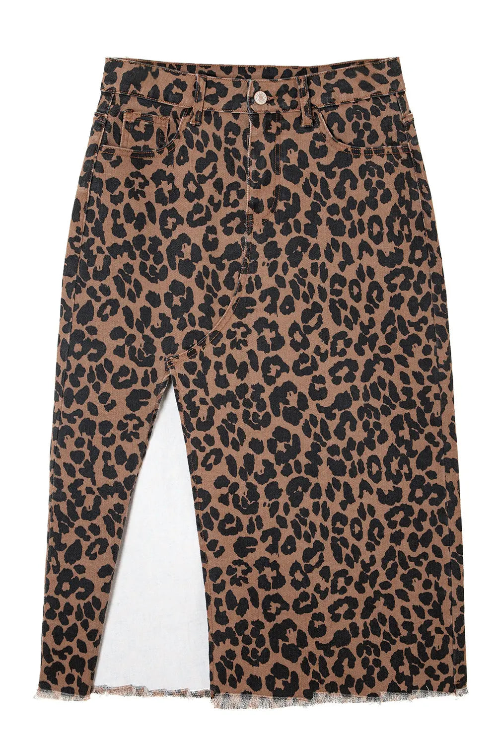 Brown Leopard Print Side Split Frayed Hem Denim Midi Skirt