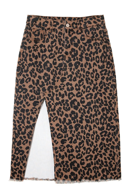 Brown Leopard Print Side Split Frayed Hem Denim Midi Skirt