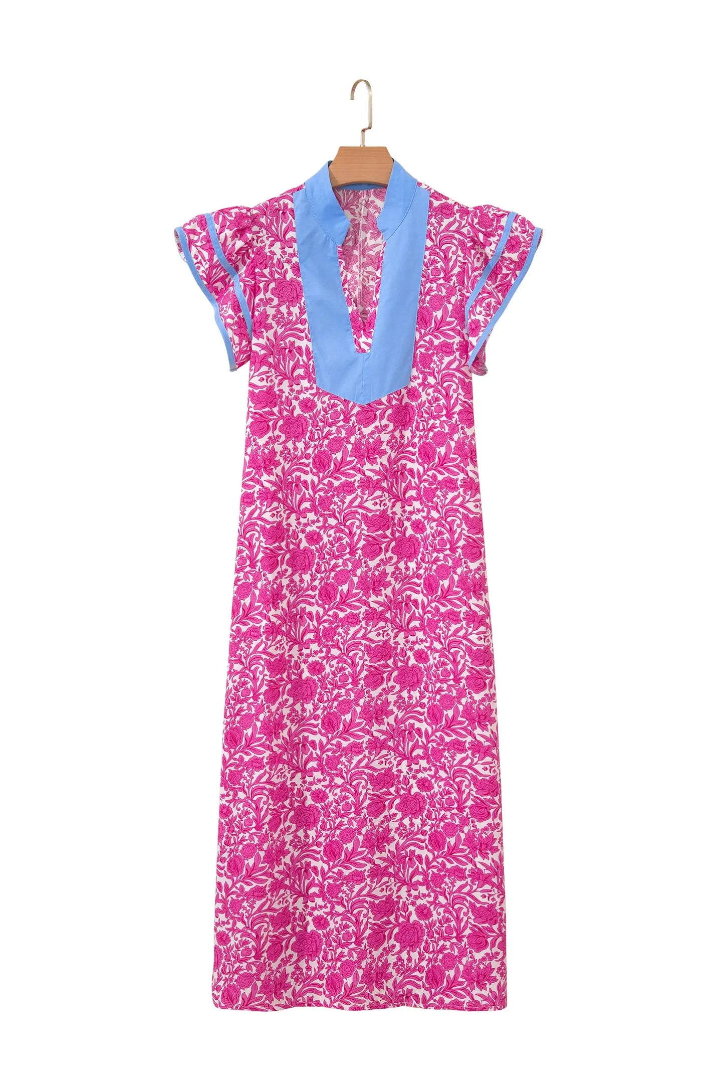 Pink Floral Print Color Block Patchwork V Neck Short Sleeve Midi Dress Nataliz
