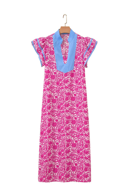 Pink Floral Print Color Block Patchwork V Neck Short Sleeve Midi Dress Nataliz
