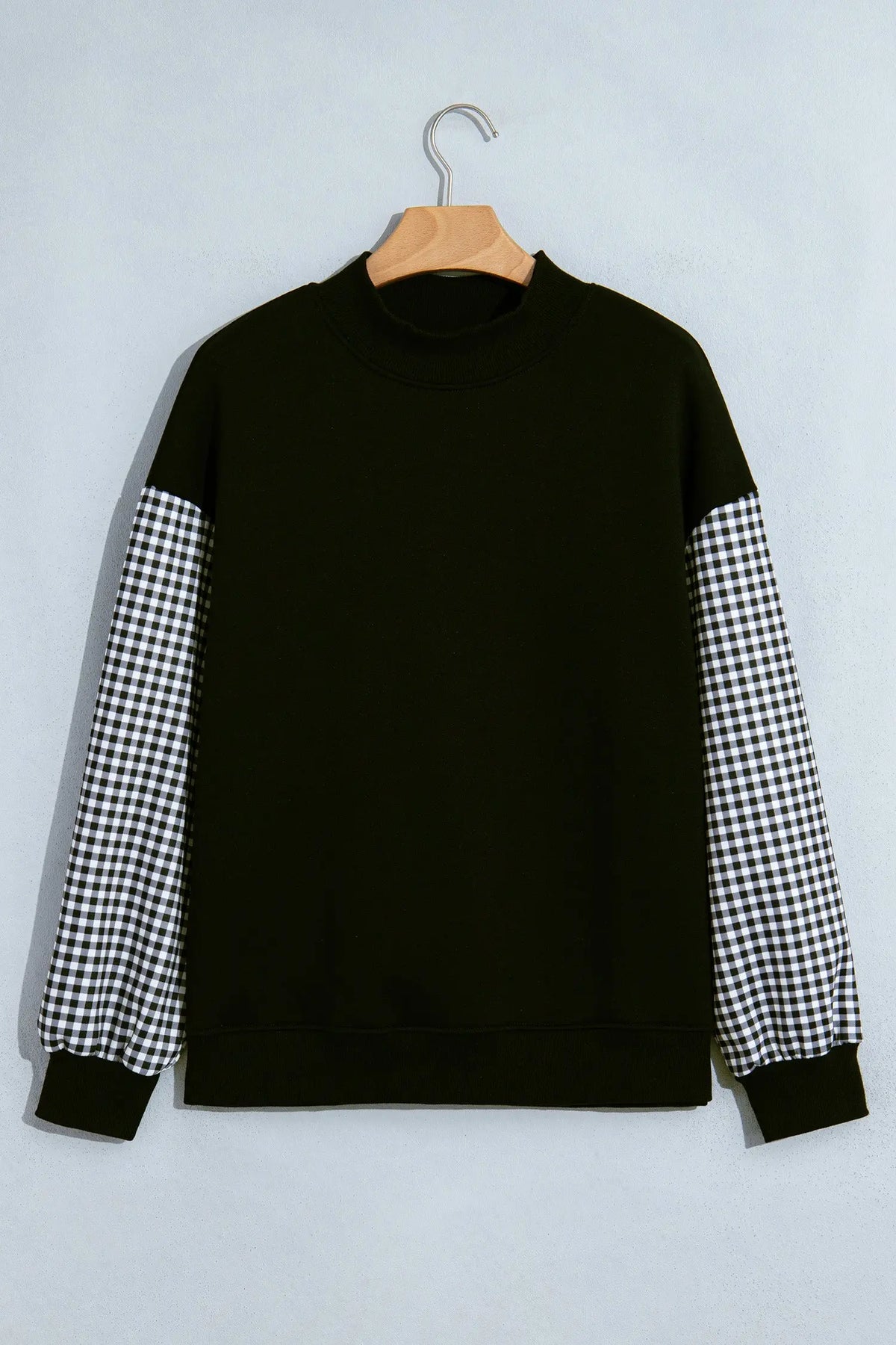 Navy Blue Plaid Sleeve Colorblock Loose Tunic Sweatshirt