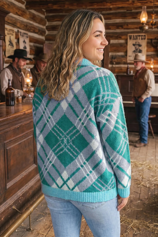 Green Plaid V Neck Long Sleeve Shift Cardigan Sweater model back view · nz-alt-v1