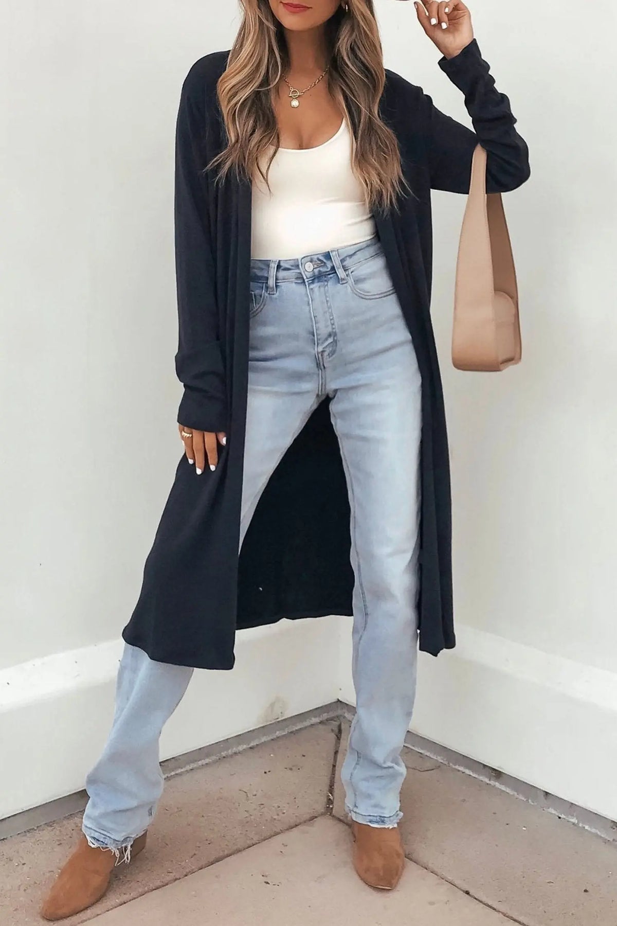 Dirty blue solid color long sleeve casual tunic shift cardigan model front view · nz-alt-v1
