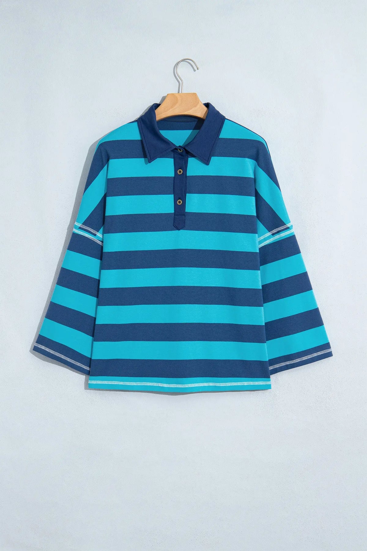 Blue Stripe Contrast Polo Collar Bracelet Sleeve Loose Top
