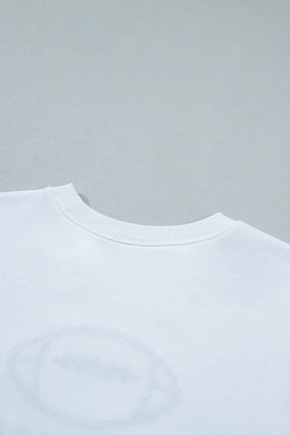 White Embroidered Slogan Game Day Rugby Pattern Crewneck Sweatshirt
