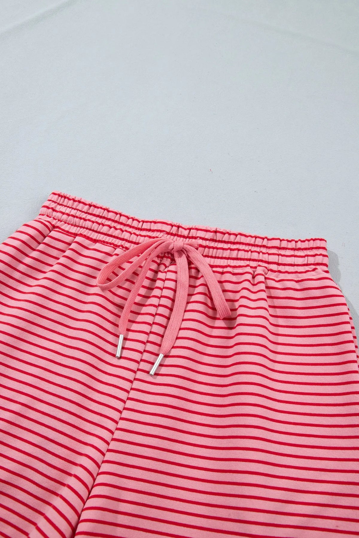 Pink Stripe Ribbed Patchwork Mock Neck Baggy Pullover Matching Shorts Set