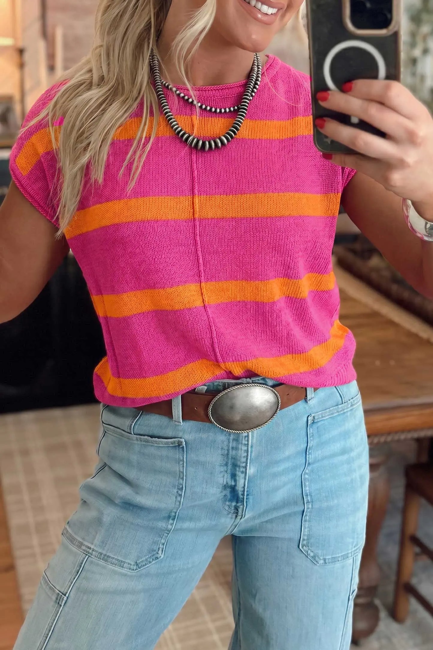 Rose Stripe Knit Western Short Sleeve Sweater
