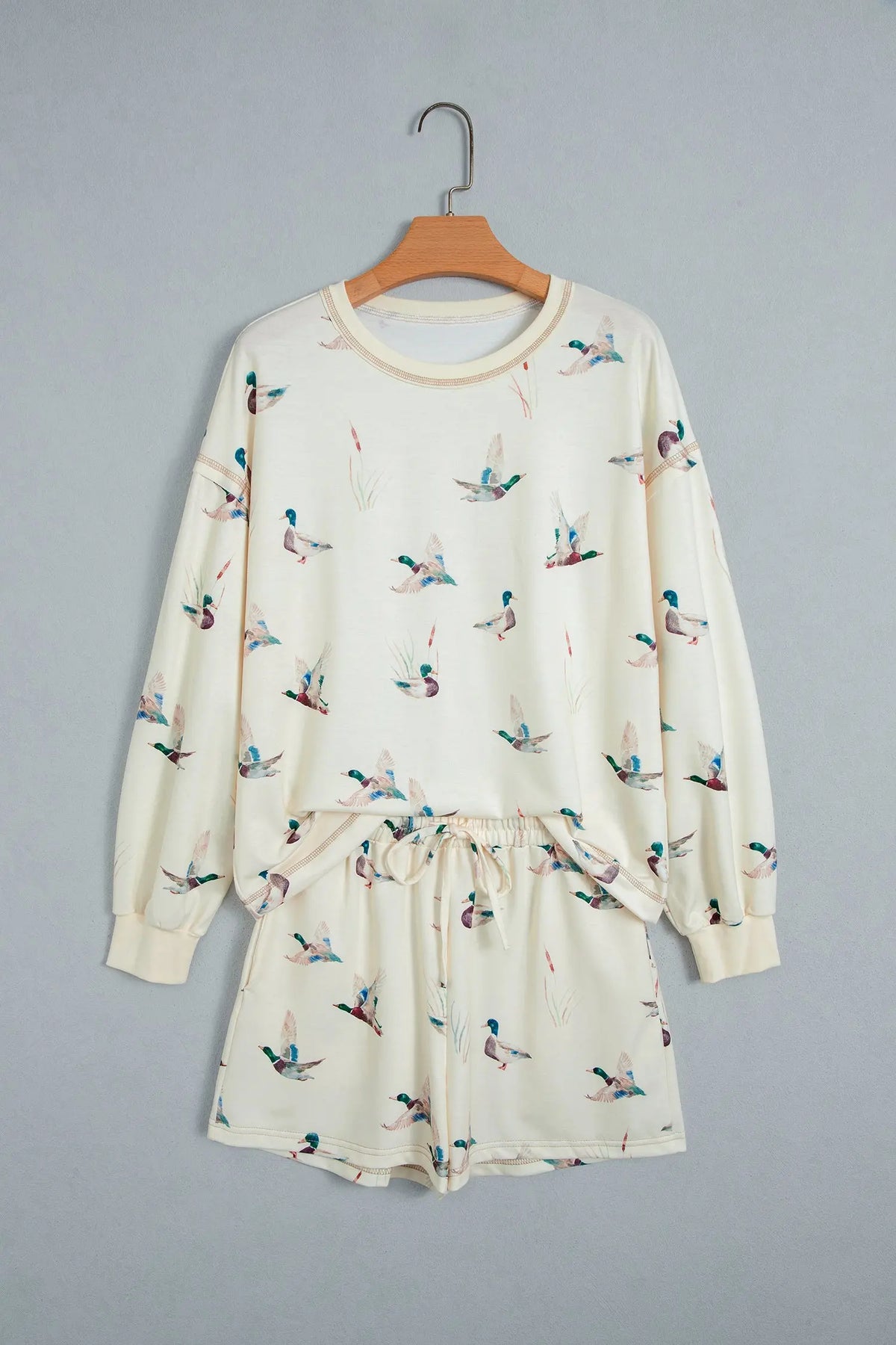 Beige Free Mallard Print Long Sleeve Top Drawstring Short Set