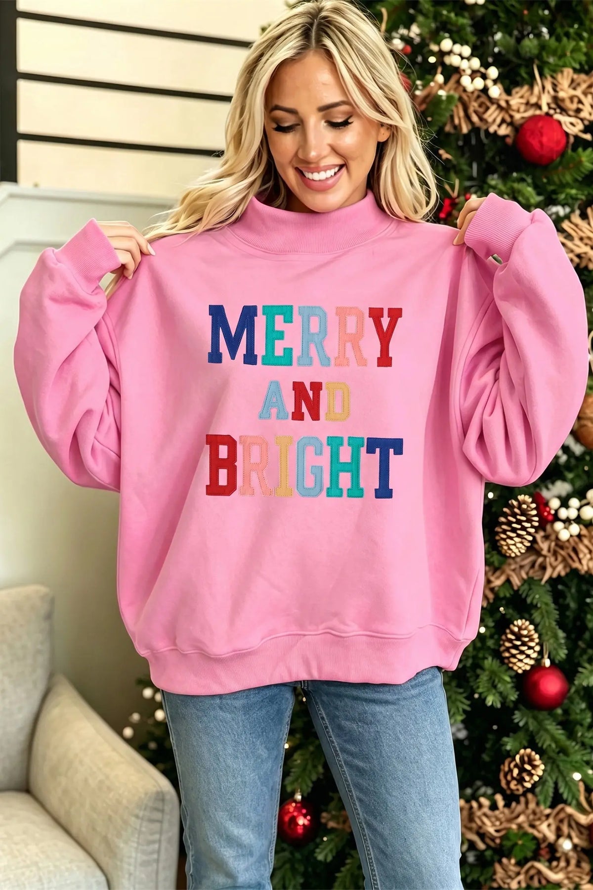 White MERRY AND BRIGHT Stitched Letter Pattern Mock Neck Sweatshirt