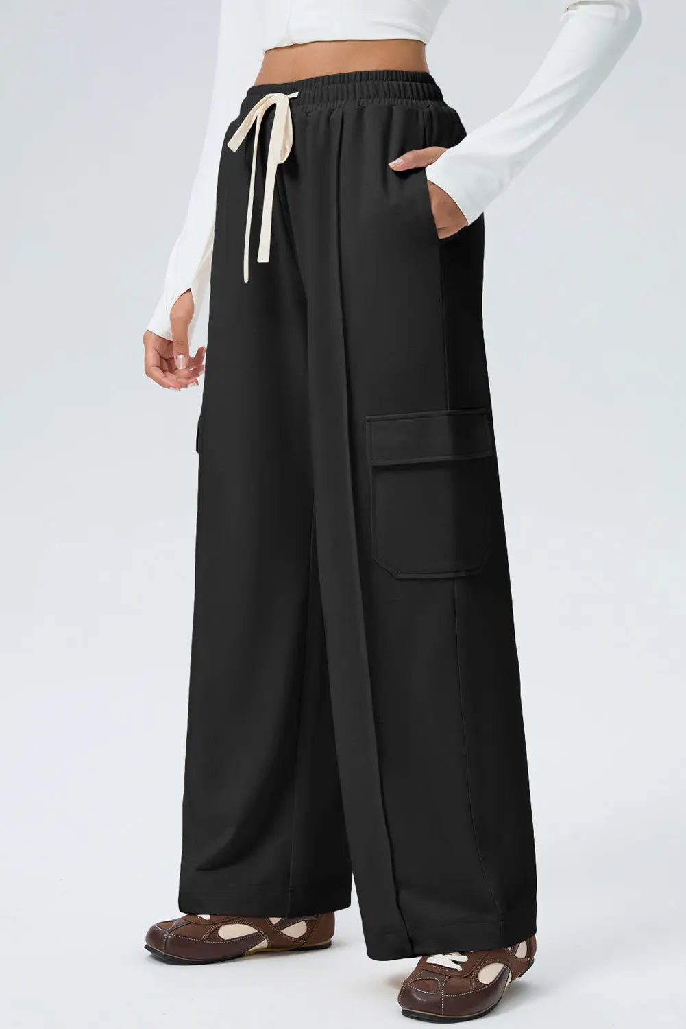 Black Solid Color Drawstring Elastic Waist Cargo Patch Pocket Active Pants