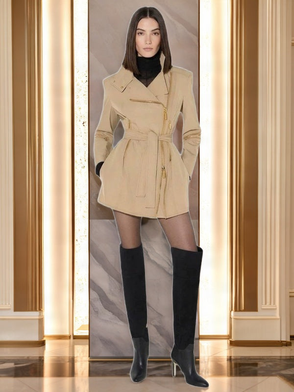 Belted Trench Jacket with Gold Asymmetric Zip model front view · nz-bg-v1