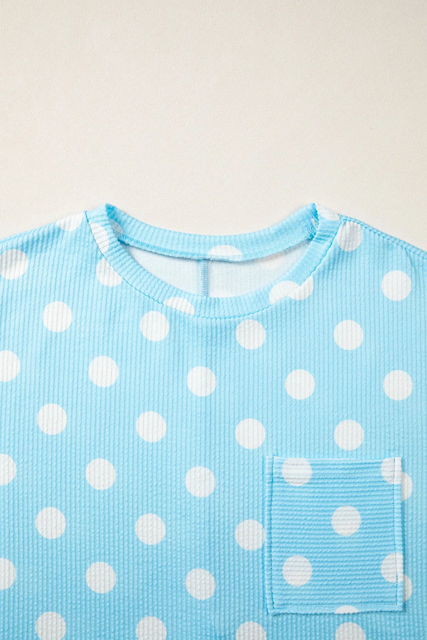 Sky Blue Polka Dot Round Neck Drop Shoulder Patch Pocket Jacquard Texture Top Nataliz