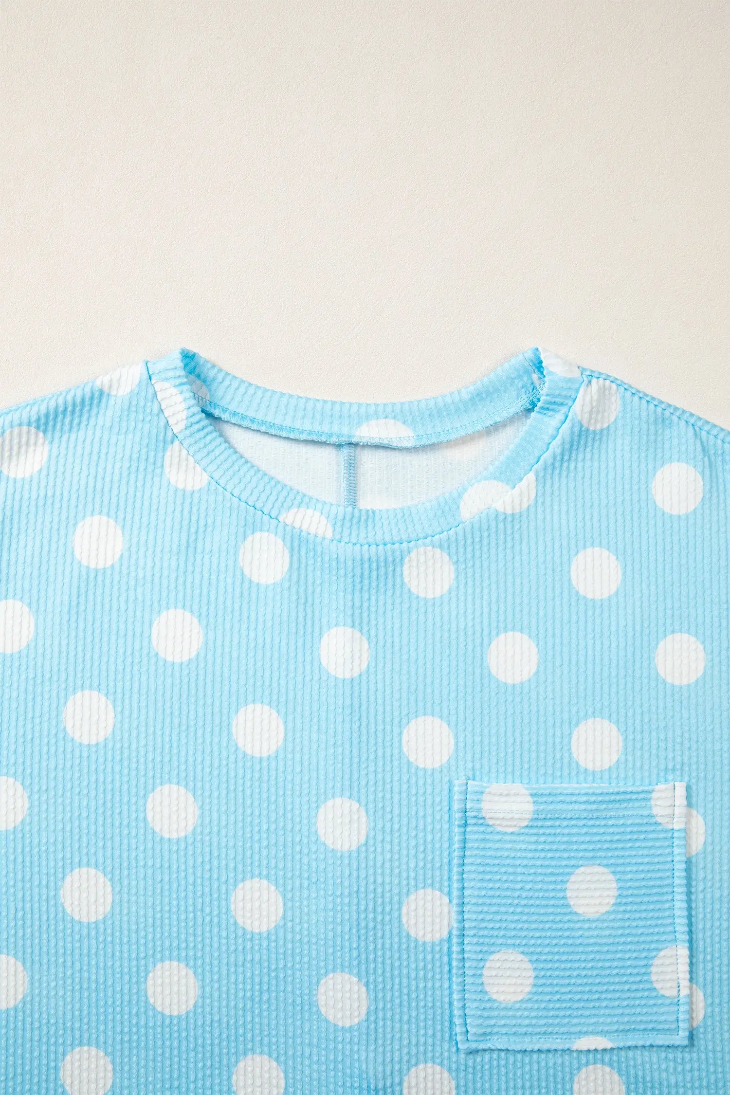 Sky Blue Polka Dot Round Neck Drop Shoulder Patch Pocket Jacquard Texture Top Nataliz