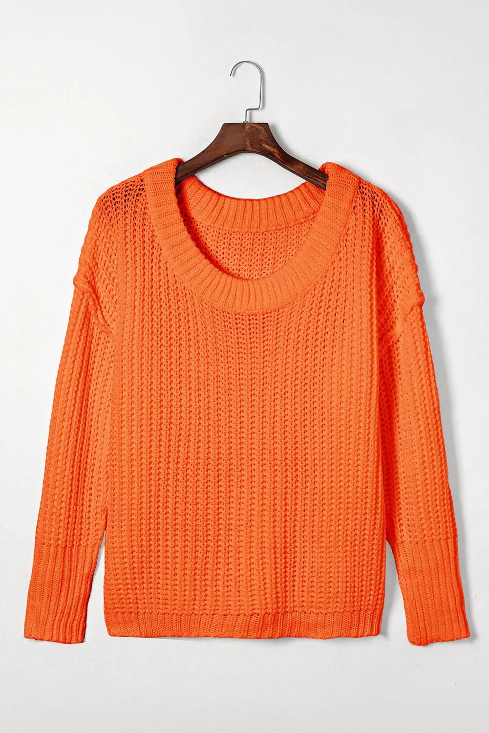 Orange Ribbed Knit Round Neck Slouchy Chunky Sweater