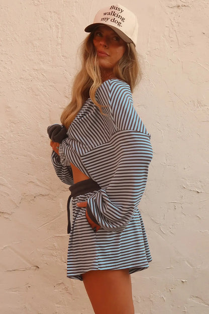 Blue Stripe Oversized Long Sleeve Top Drawstring Loose Shorts 2pcs Set
