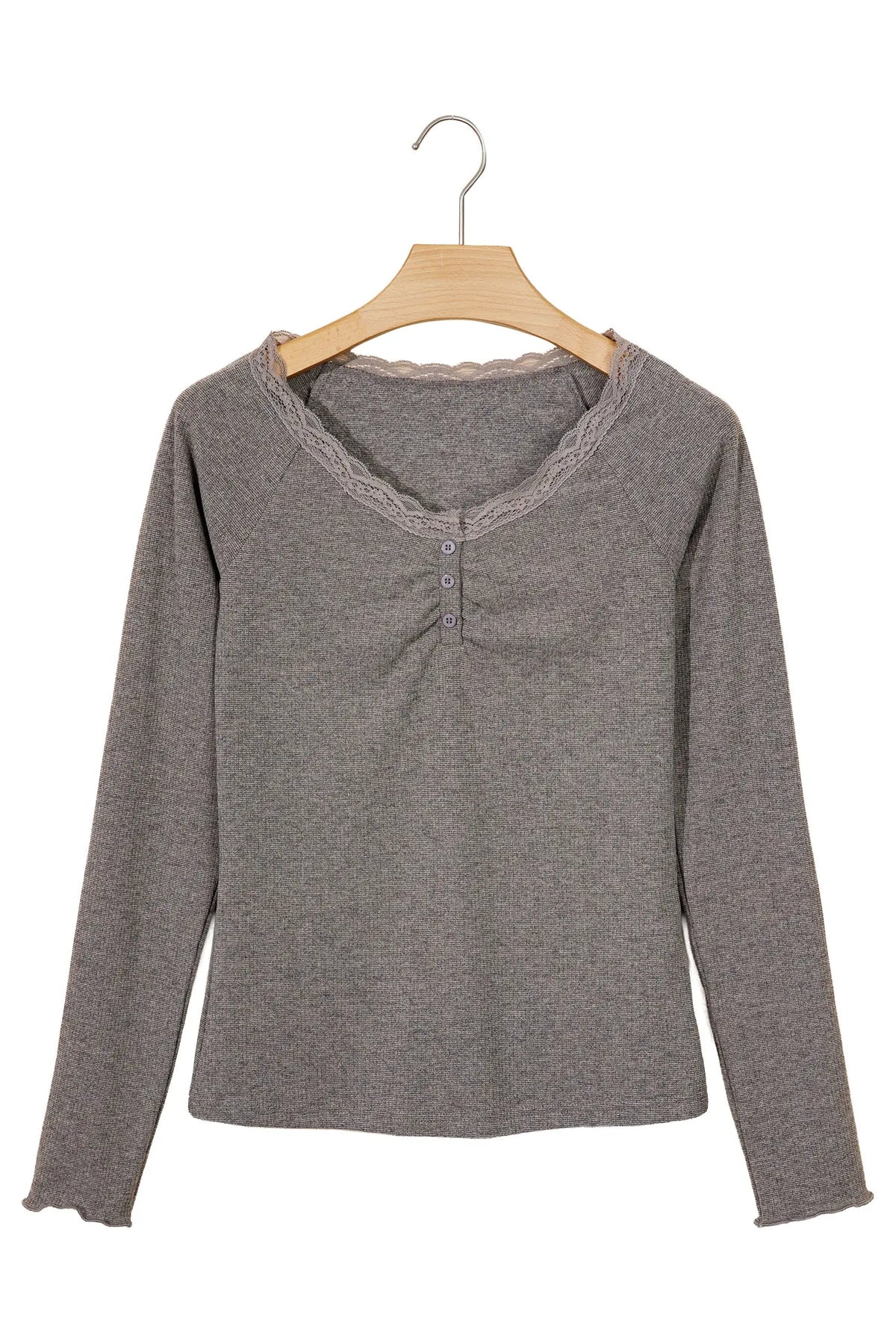 Medium Grey Solid Color Ribbed Lace Trim V-Neck Button Detail Long Sleeve Top