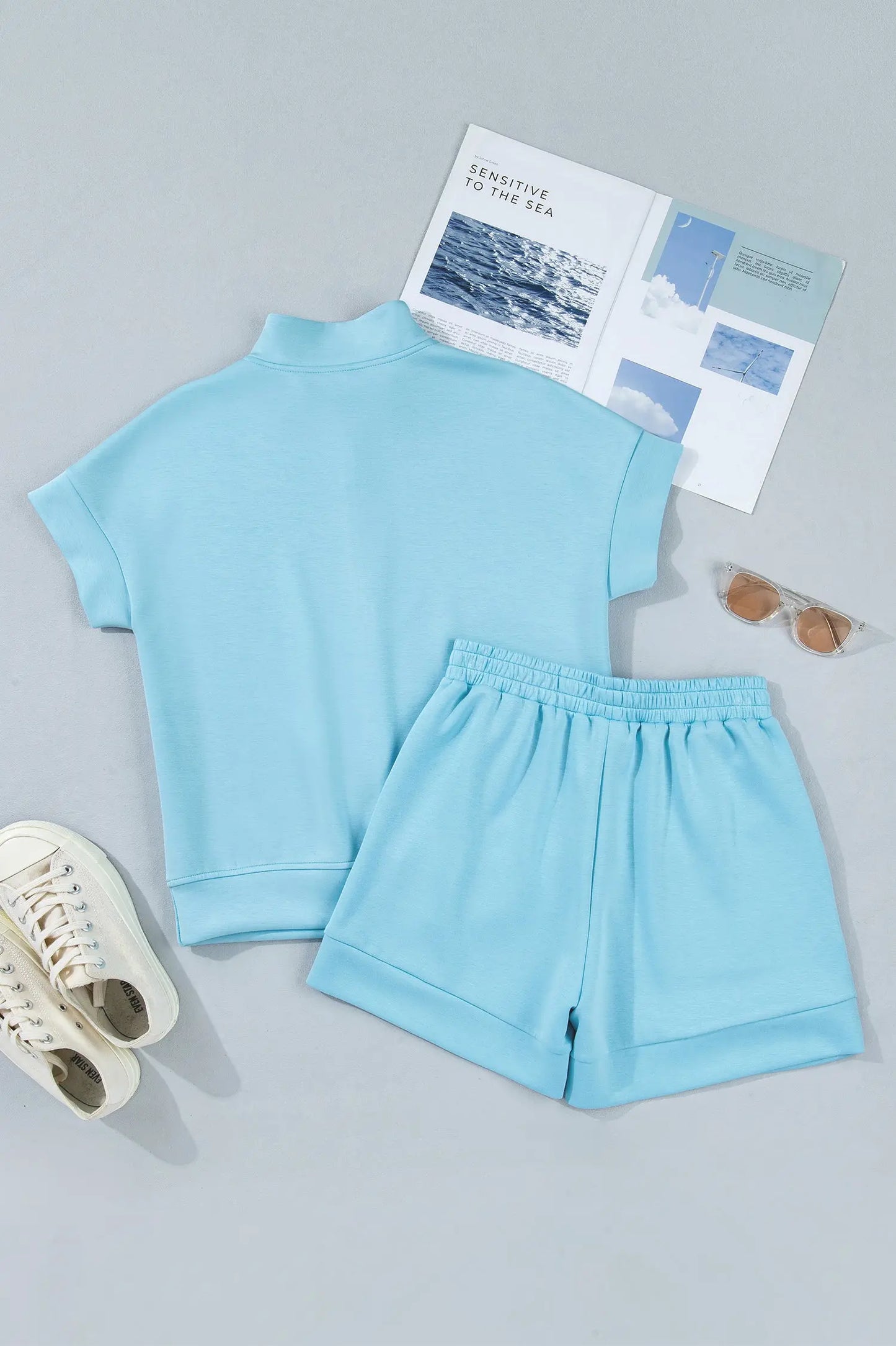 Myosotis Half Zip High Neck Tee Athleisure Short Set Nataliz