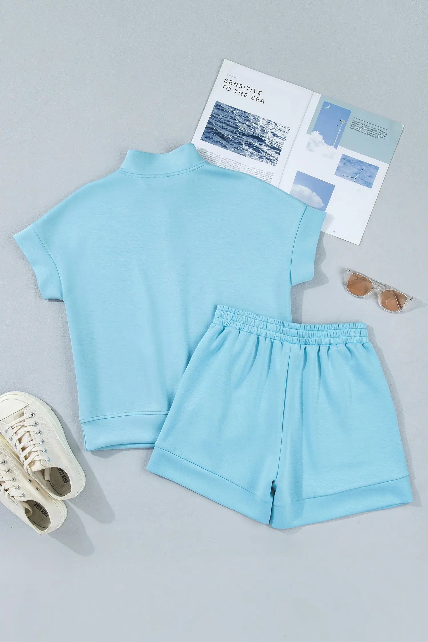 Myosotis Half Zip High Neck Tee Athleisure Short Set Nataliz