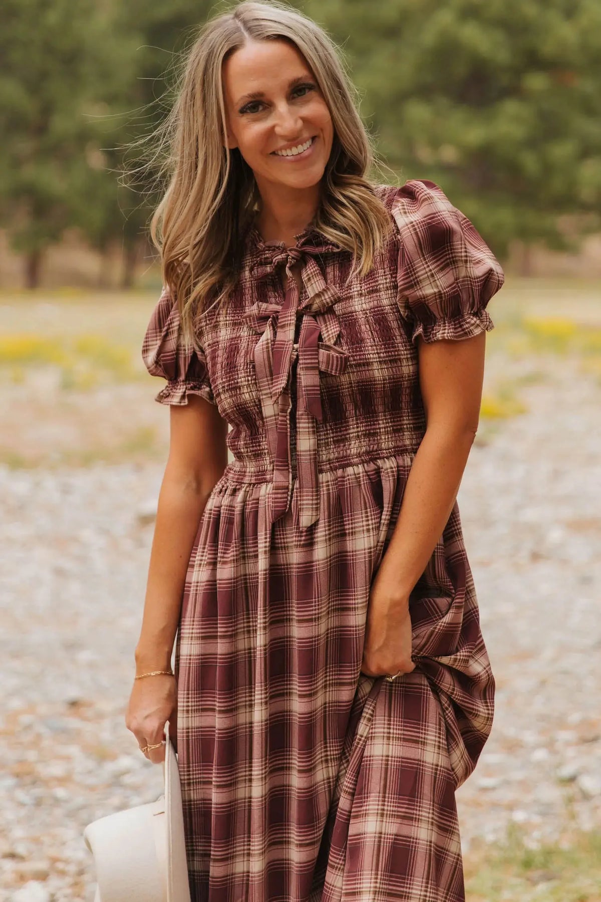 Red Vintage Plaid Knot Front Smocked High Waist Midi Dress model front view · nz-alt-v1