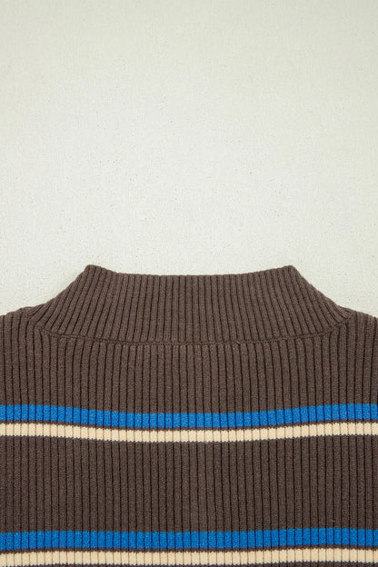 Chicory Coffee Ribbed Knit Contrast Cuff Henley Button Sweater
