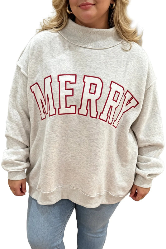 Gray embroidered Merry letter print mock neck plus size sweatshirt model front view · nz-alt-v1