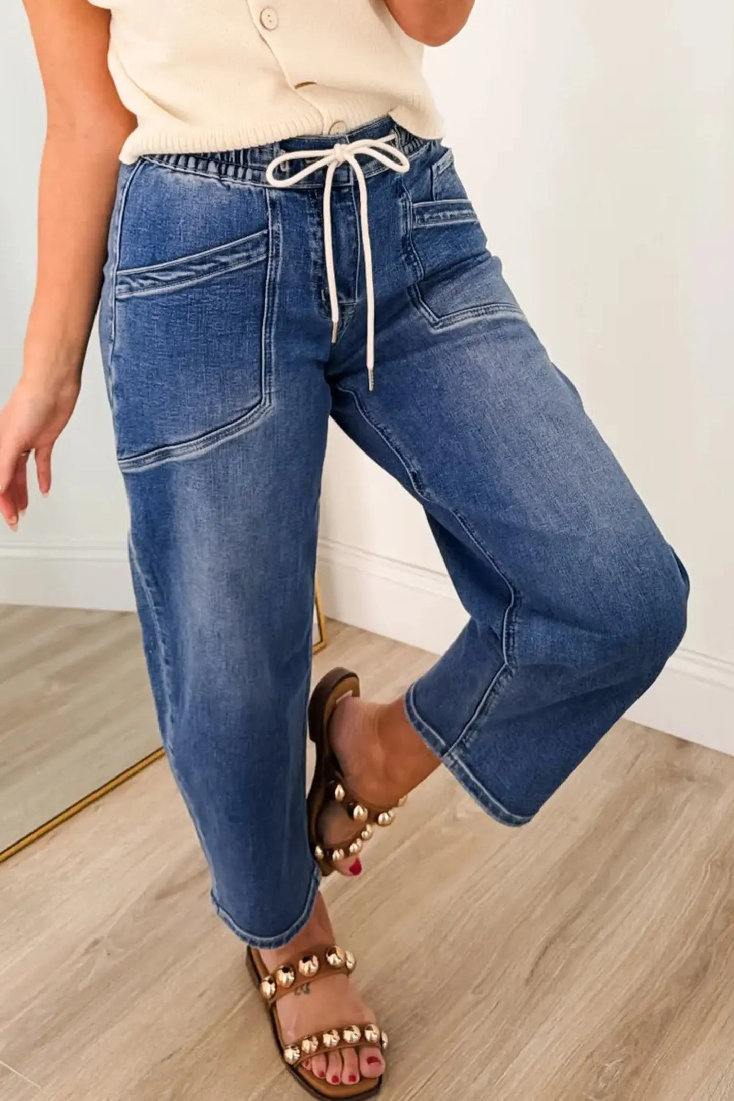 Ashleigh Blue Drawstring Waist Ankle Length Casual Jeans Regular Fit Pocket Detail Denim Pants