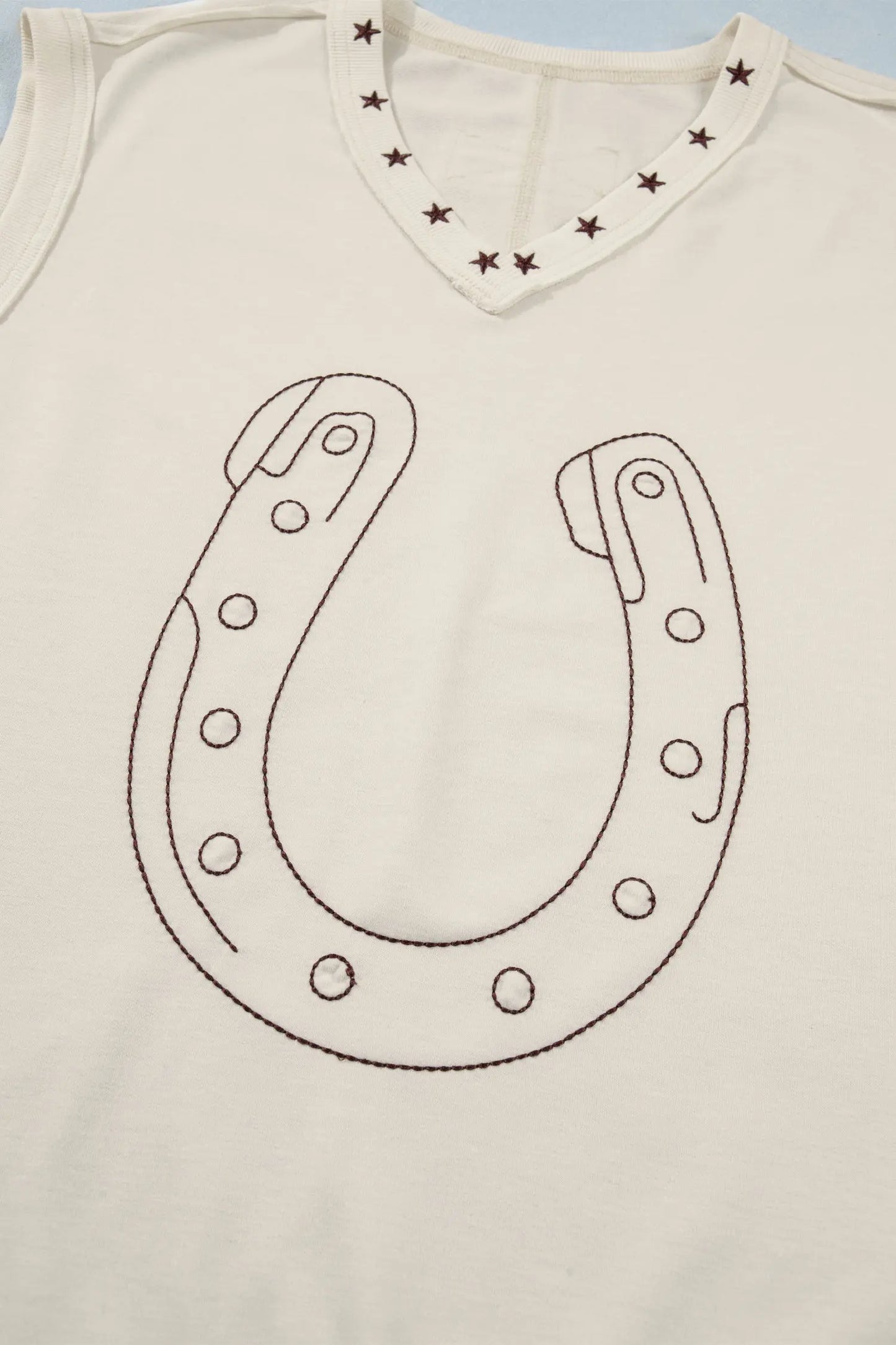 White Horseshoe Embroidered Star Trim V Neck Loose Tank Top