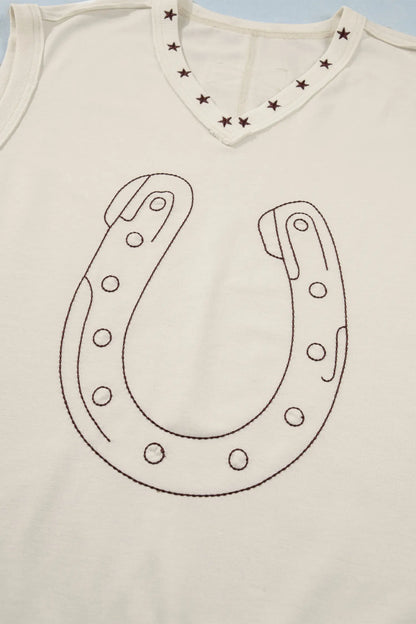 White Horseshoe Embroidered Star Trim V Neck Loose Tank Top