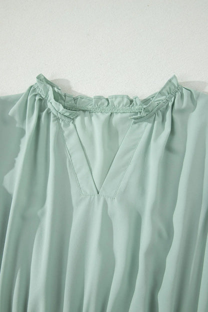 Bright Green Solid Color V Neck Short Puff Sleeve High Waist Tiered Maxi Dress - Casual Dresses