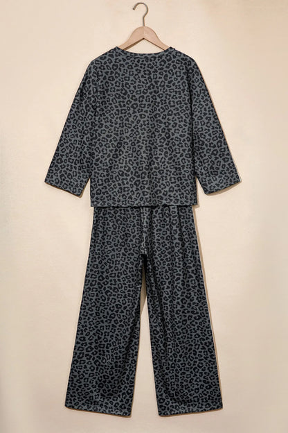 Apricot Leopard Print Varsity Striped Detail 3/4 Sleeve Top Shift Pant Set