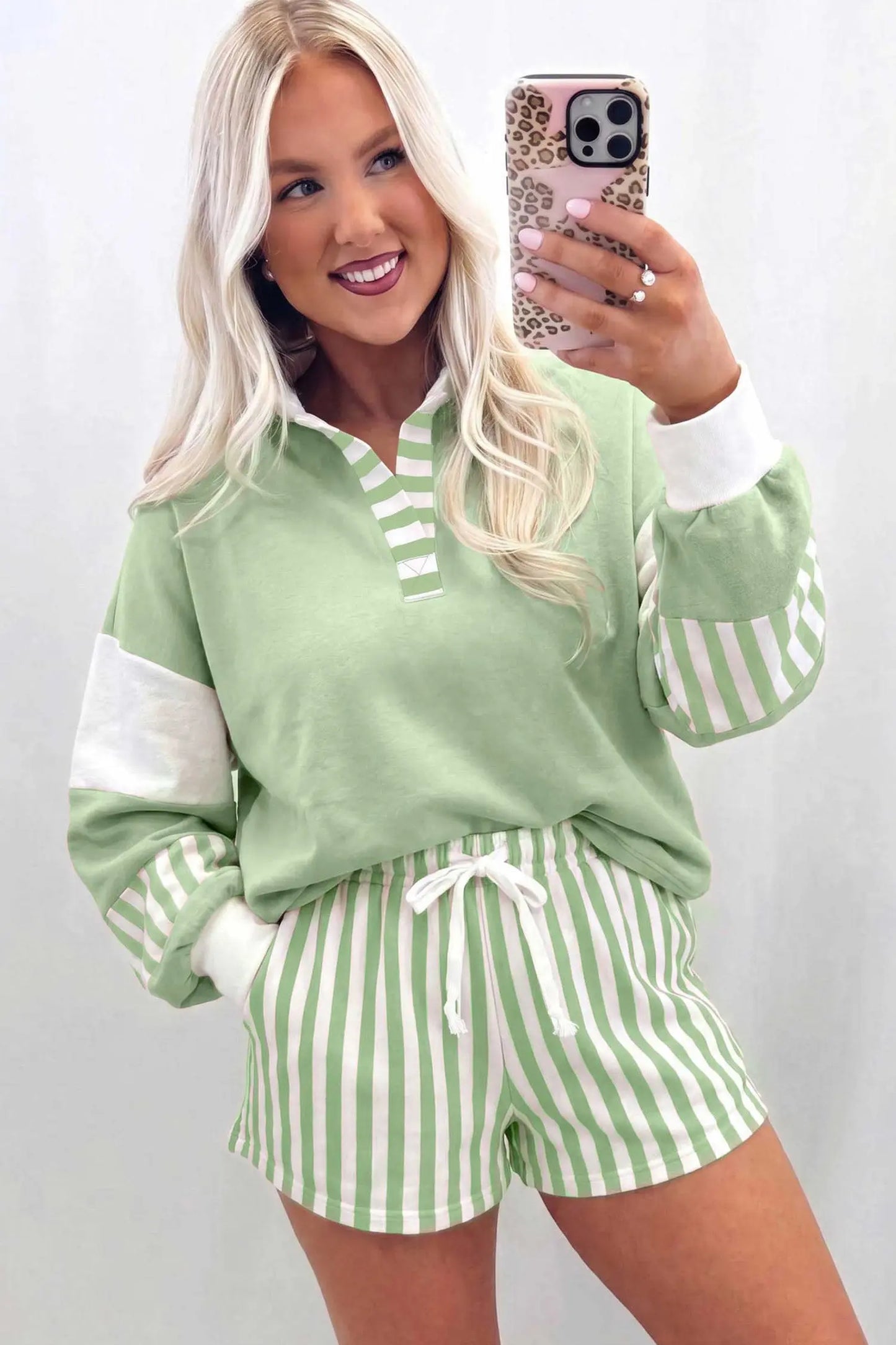 Gossamer Pink Striped Color Block Pullover Top Drawstring Shorts Set