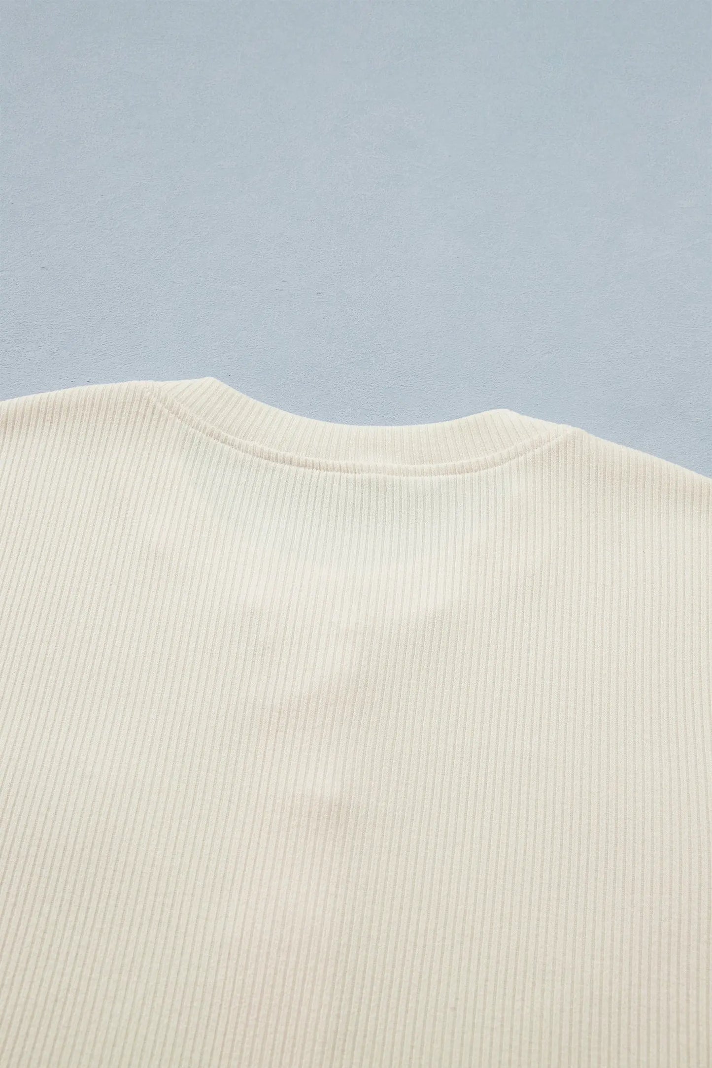Beige Denim Patchwork Short Sleeve Ribbed Shirt Nataliz