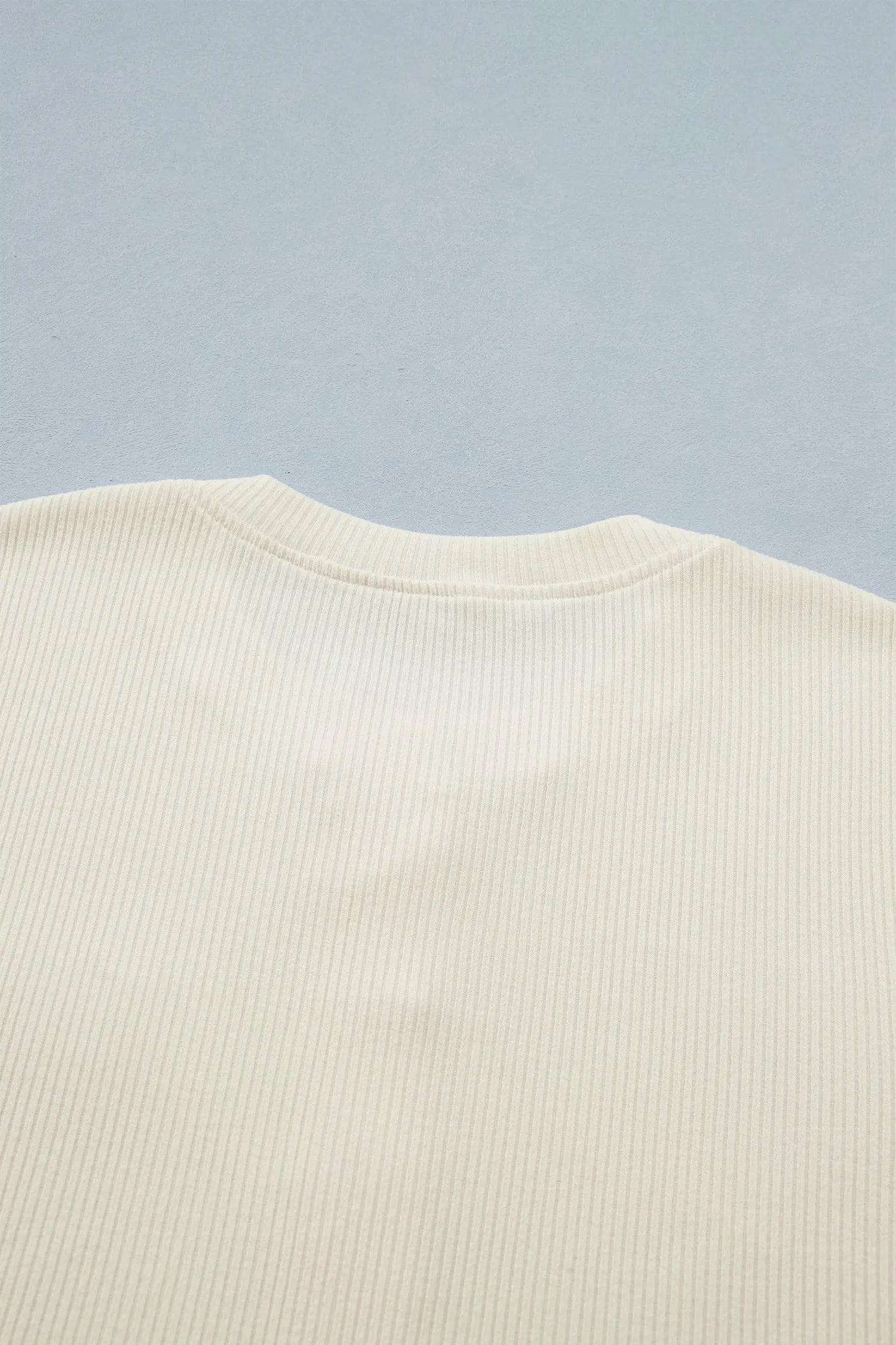 Beige Denim Patchwork Short Sleeve Ribbed Shirt Nataliz
