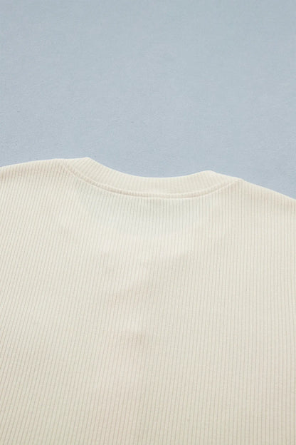 Beige Denim Patchwork Short Sleeve Ribbed Shirt Nataliz