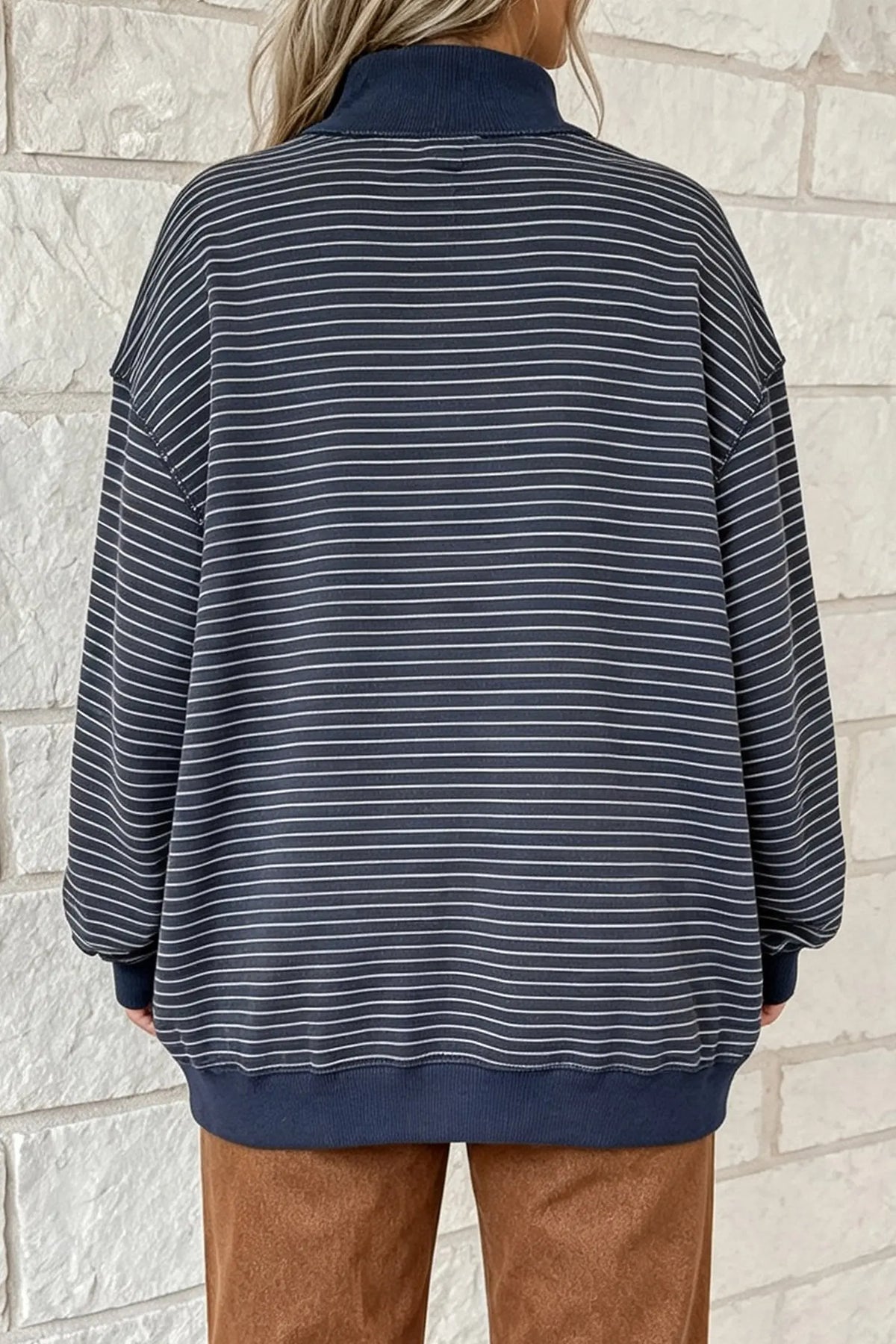 Khaki Stripe Ribbed Color Block Mock Neck Oversized Sweatshirt