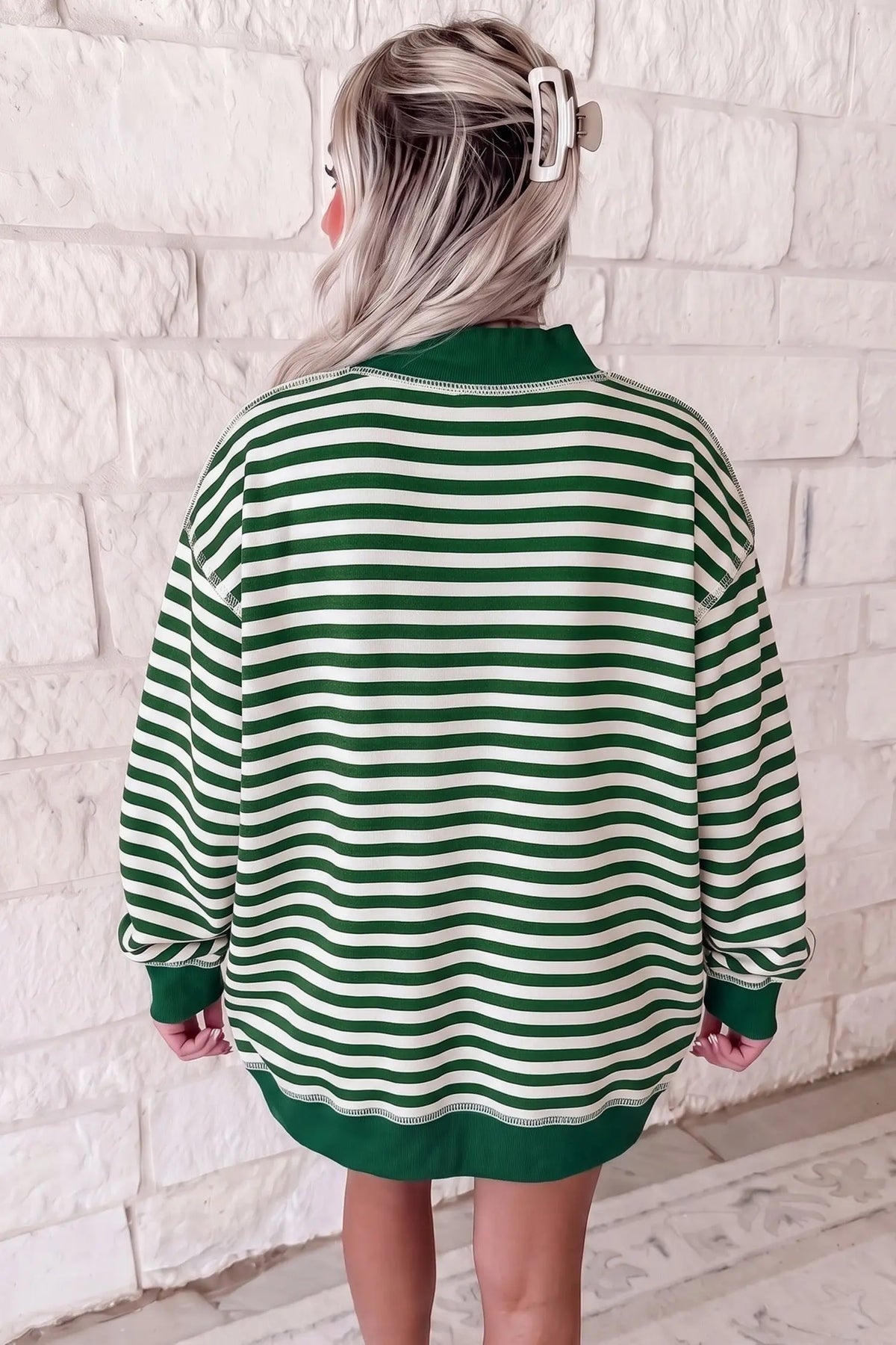 Stripe Christmas Slogan Embroidery Patched Mock Neck Oversized Sweatshirt