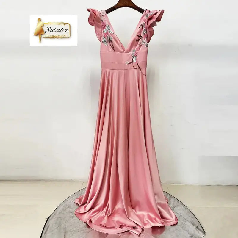 Deep V Neck Ruffle Sleeve a Line  Maxi Dress Pink Satin Guangzhou Migu Garment Company Limited