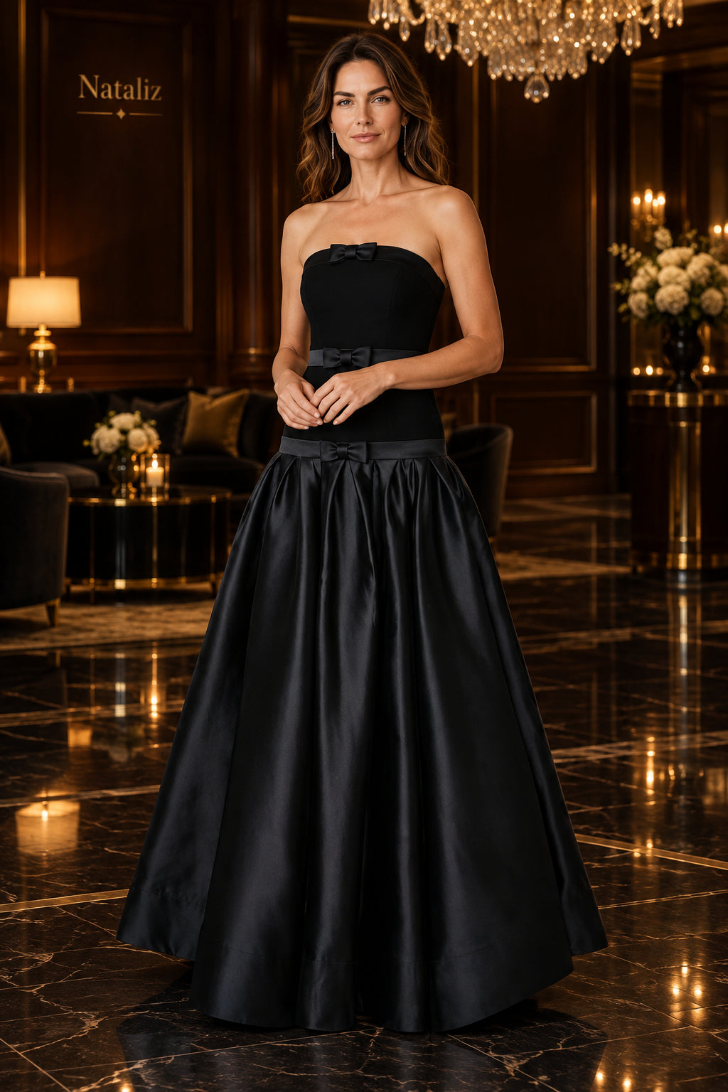 Strapless Bow-Trim Black Ball Gown Maxi Dress model front view · nz-alt-v1