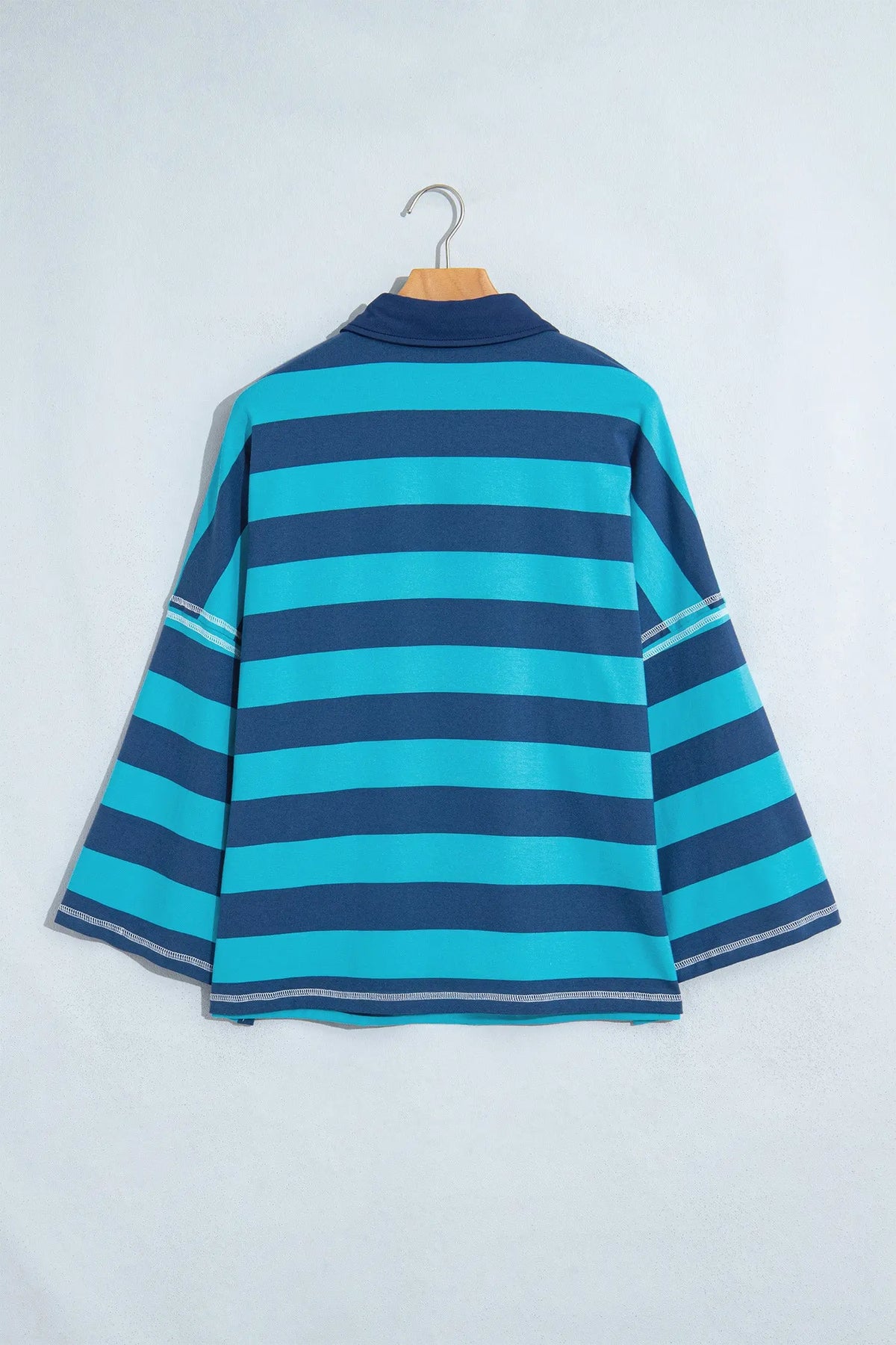 Blue Stripe Contrast Polo Collar Bracelet Sleeve Loose Top