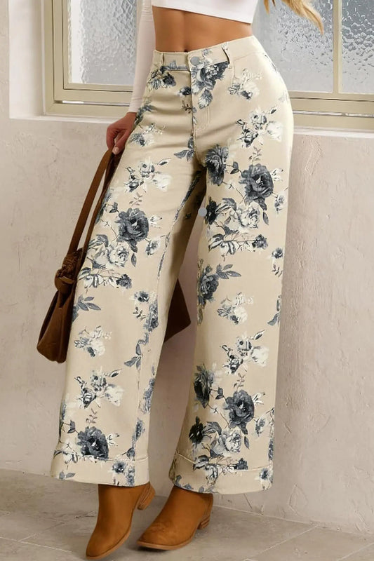 Beige Retro Floral Print Turn-up Cuffed Hem Loose Jeans Nataliz
