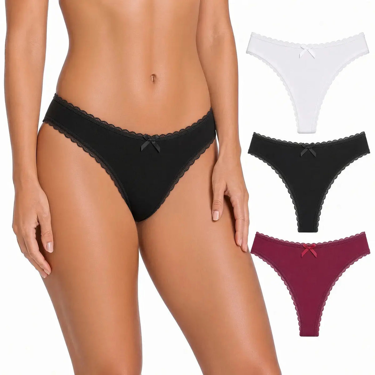 Three pairs of lace-trimmed cotton thongs in white, black, and burgundy, shown on a model's hip and as a flat lay of all three colors