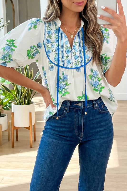 White Floral Print Contrast Trim Tie Neck Blouse Nataliz