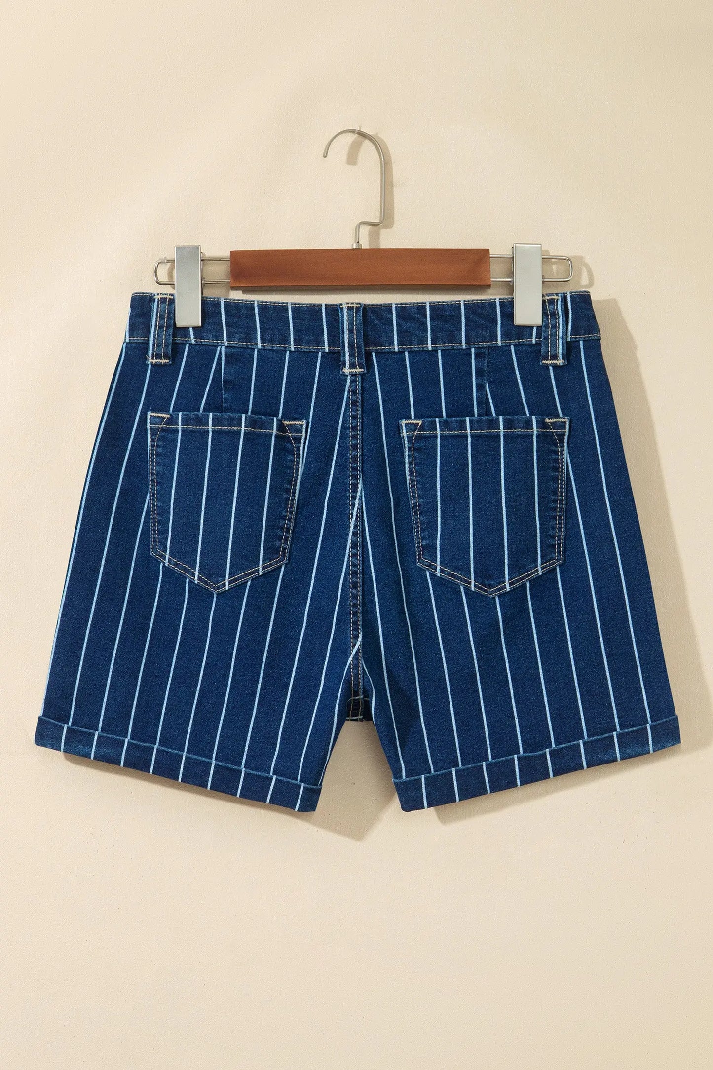 Blue Stripe Metal Button Detail Womens Denim Shorts