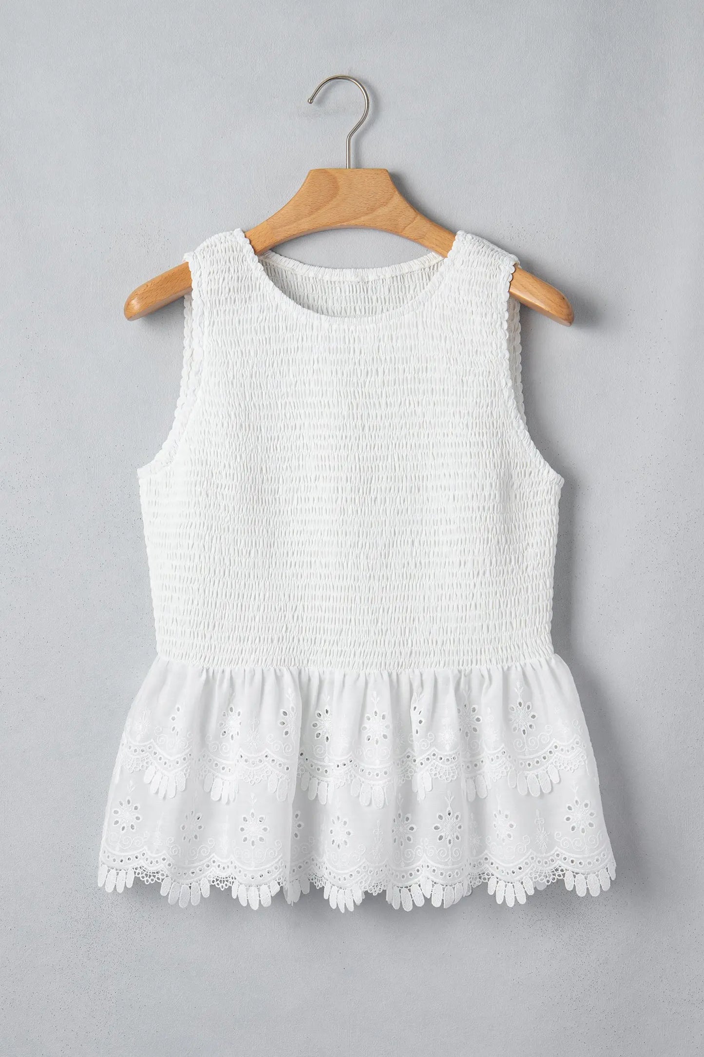 White Sleeveless Smocked Lace Peplum Top