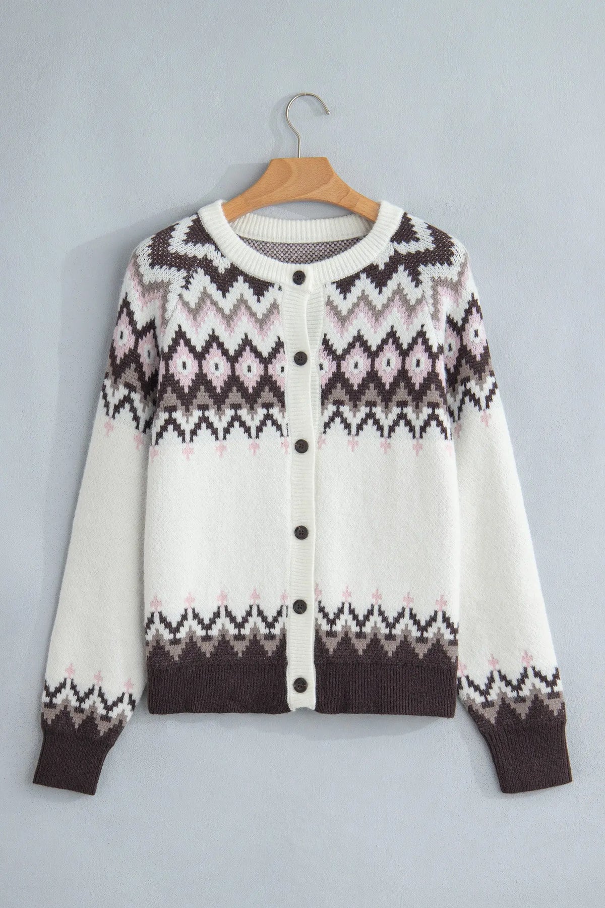 White Geometric Pattern Brushed Knit Button Cardigan hanging view · nz-alt-v1