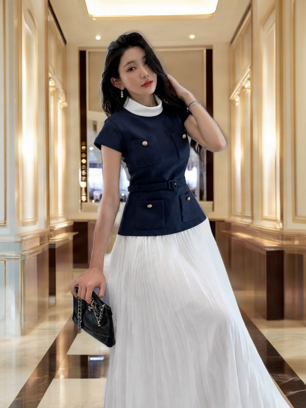 Navy Belted Top & White Pleated Maxi Skirt Set model front view · nz-bg-v1