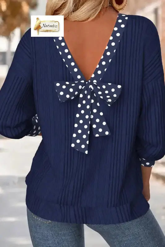 Dirty blue Polka Dot Trimmed V Neck Bow Tie Textured Ribbed Top Nataliz