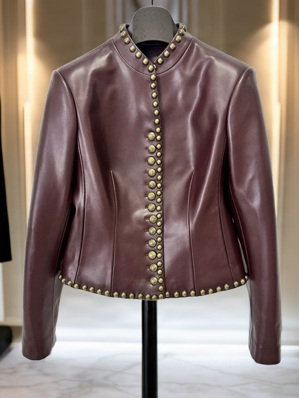 Studded Burgundy Cropped Leather Jacket mannequin view · nz-bg-v1