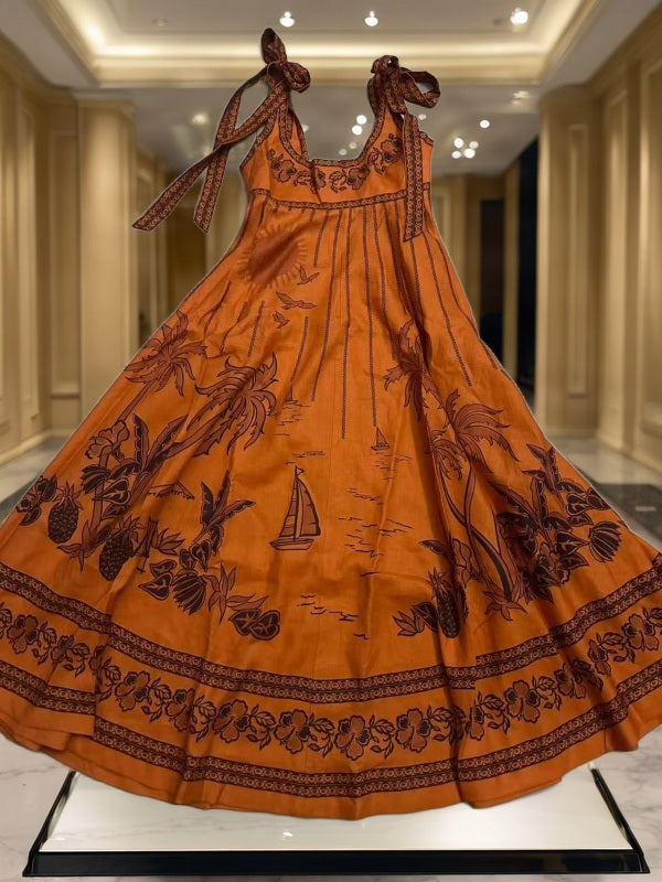 Tie-Shoulder Tropical Print Maxi Dress in Burnt Orange flat lay view · nz-bg-v1